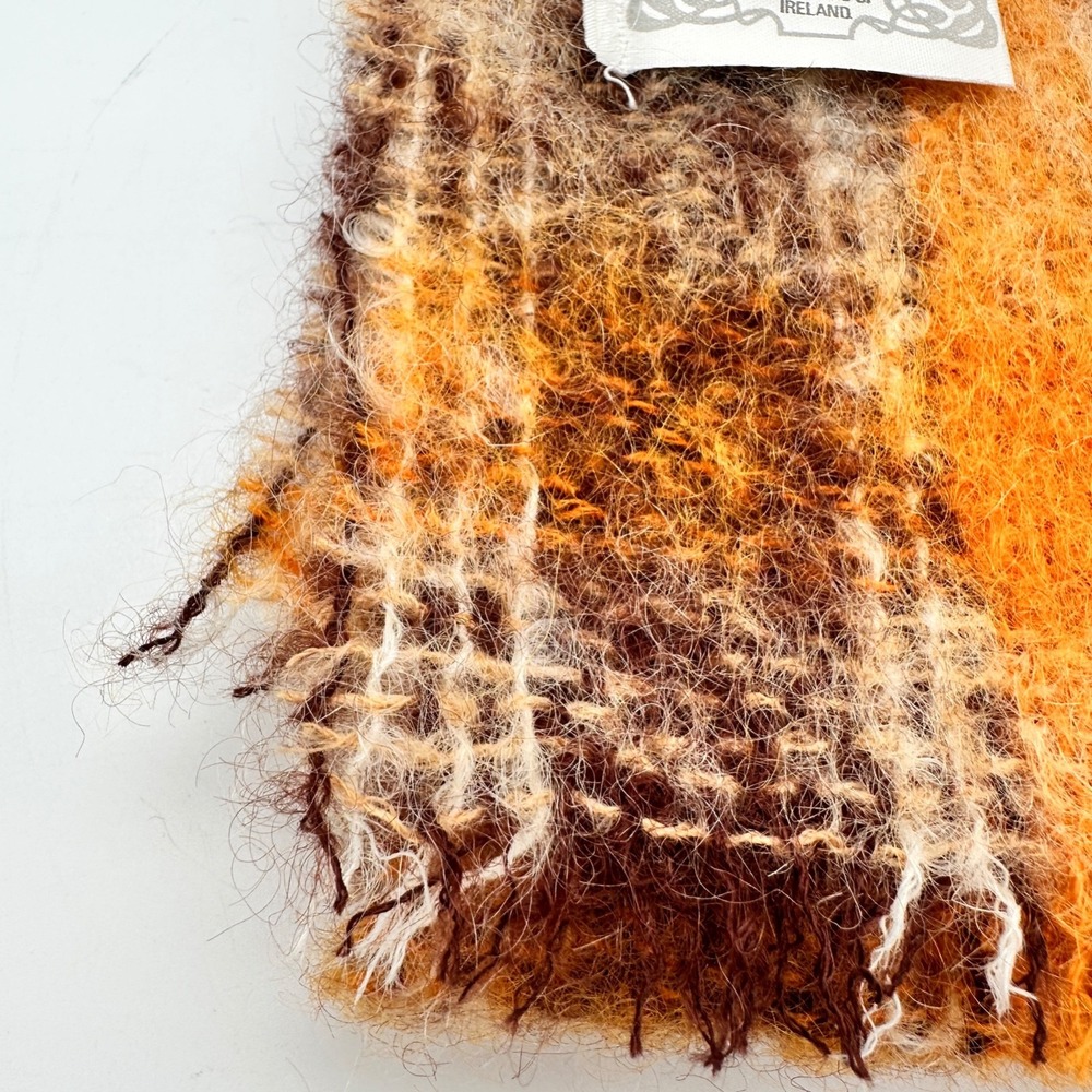 Vintage Donegal Design Mohair Wool Handwoven Scarf Orange Brown Plaid Ireland - Picture 11 of 11